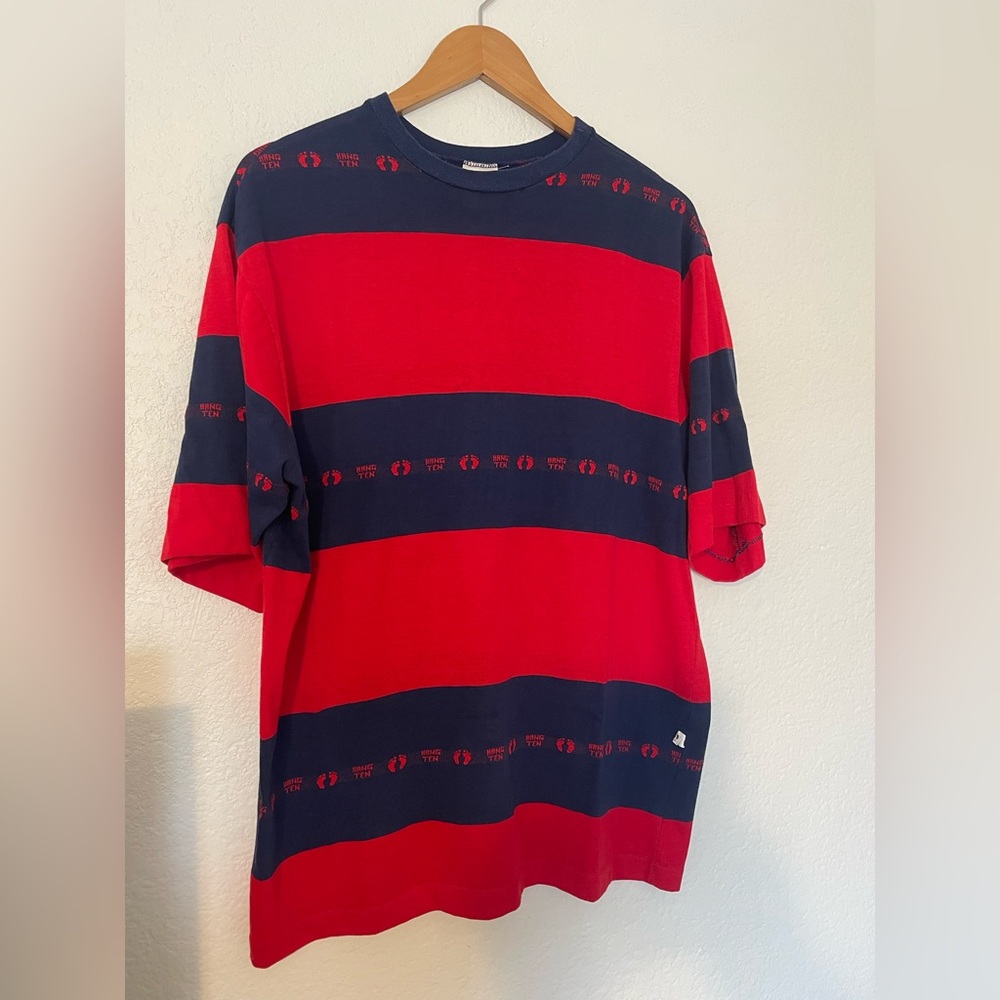 Vintage 1980s Hang Ten Red and Navy Striped Logo Tee